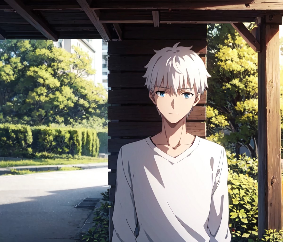 1boy, fate, short hair, white hair, blue eyes, <lora:ufotablev1:0.65>, masterpiece, best quality, outdoor, day, looking at...